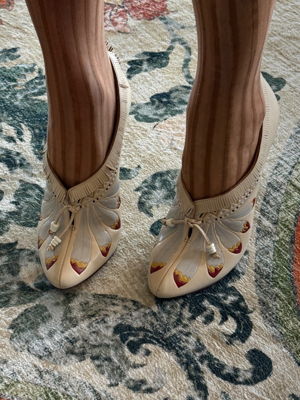 Tory Burch Women's Cream Pointed-Toe Heels with Brown & Blue feathered Accent